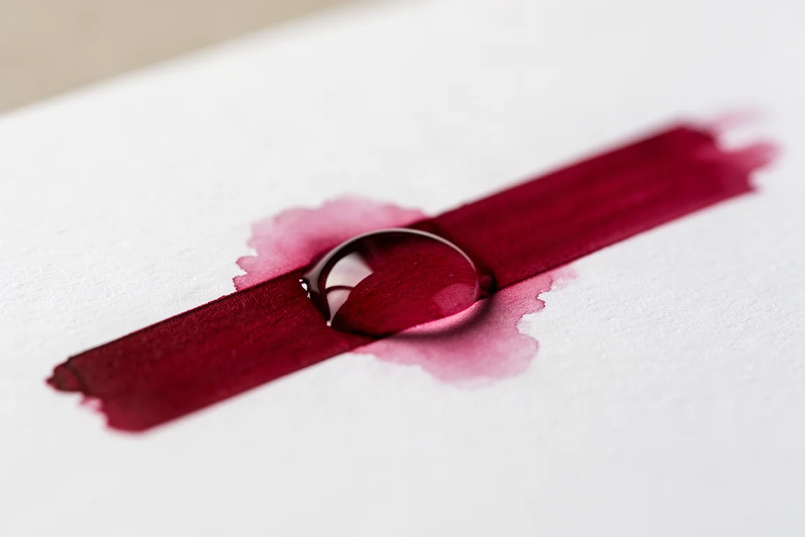 Wassertropfen verläuft in rote Tinte auf Papier