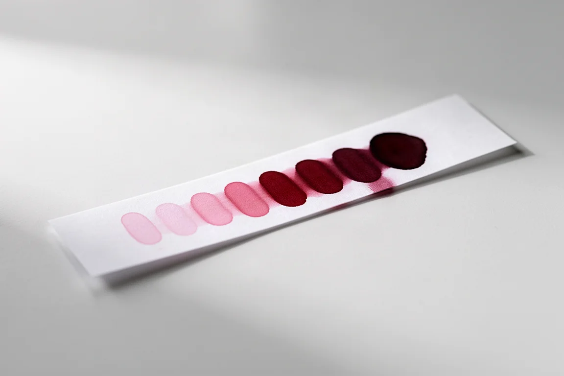 Chromatografie-Streifen zeigt aufgetrennte Rottöne der Tinte