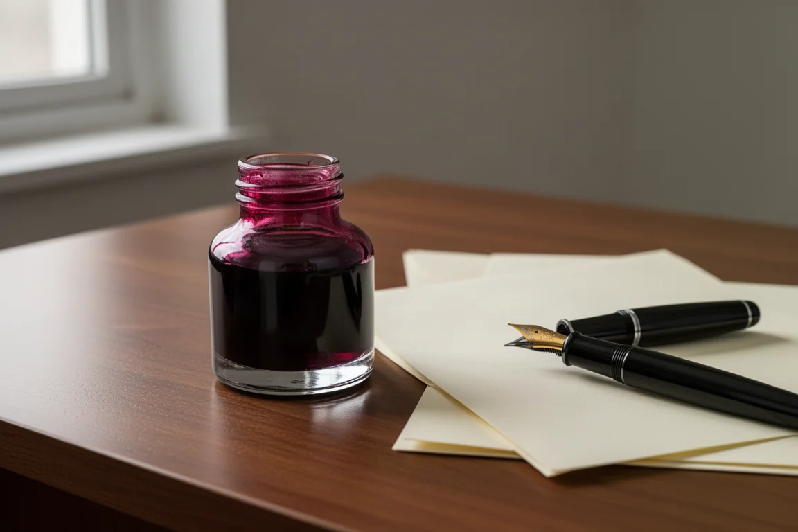 Glass bottle of deep red fountain pen ink on a wooden desk beside cream paper