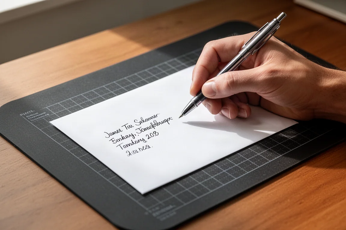 Hand die een pen over een zachte donkere schrijfmat op een houten bureau geleidt
