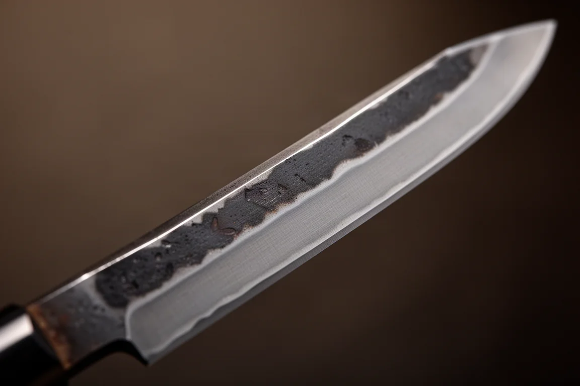 Close da espinha da faca e da linha de revestimento em uma lâmina japonesa