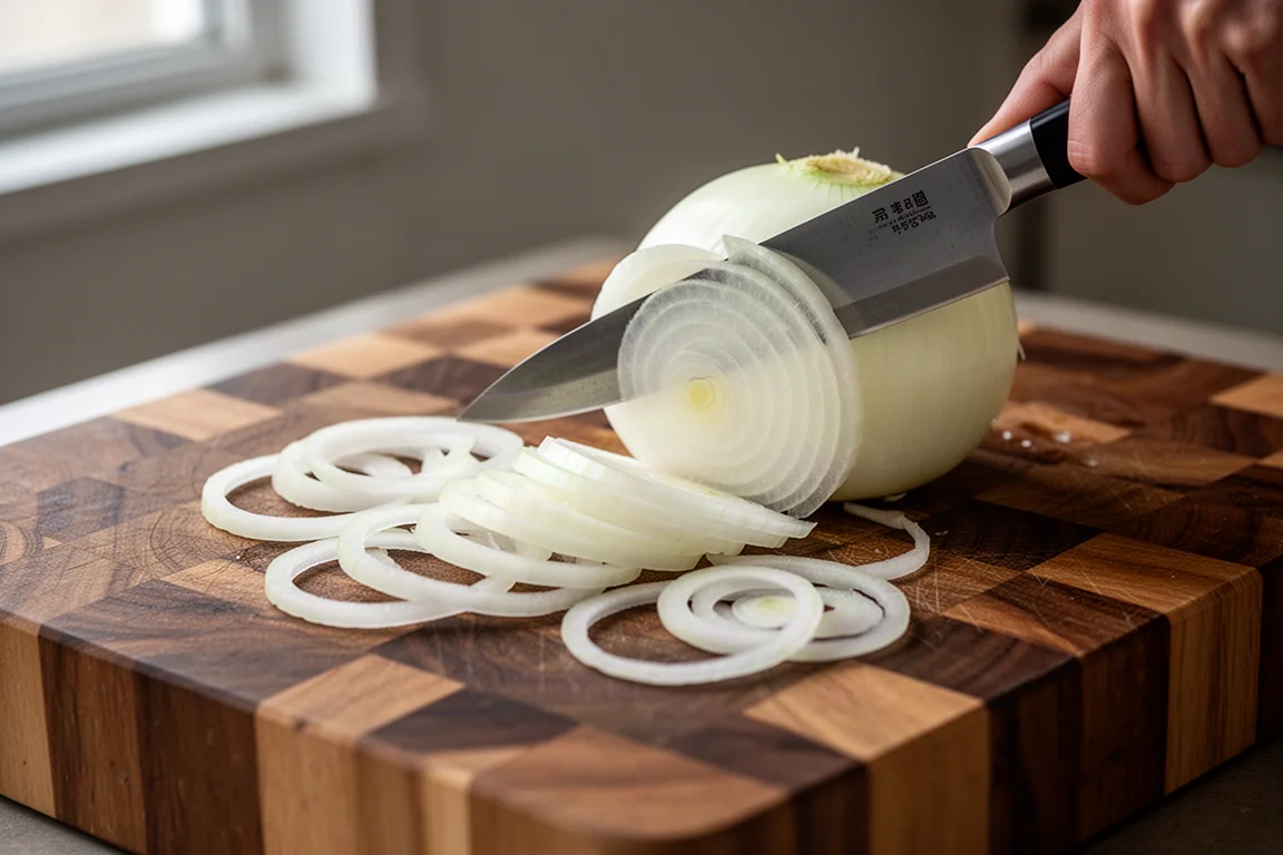 Cebola sendo fatiada finamente em uma tábua de madeira