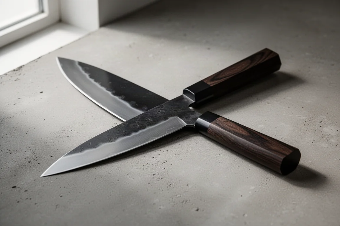 Traditional Japanese funayuki knife with dark wooden handle on matte concrete