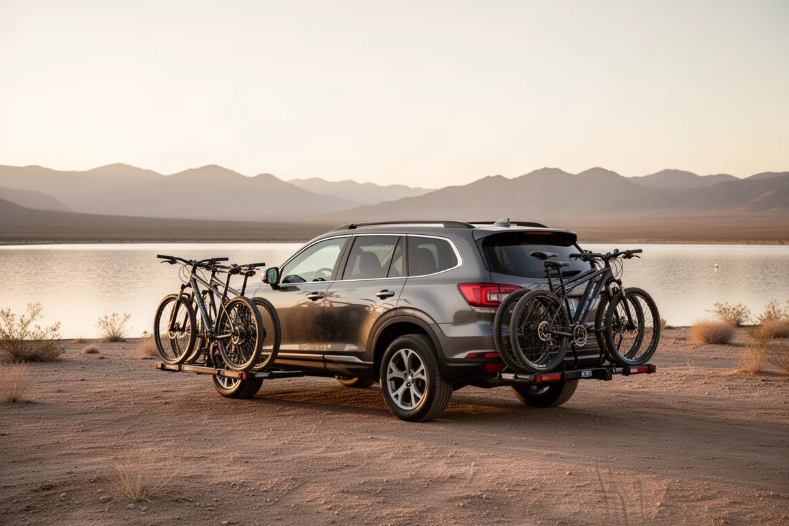 SUV parcheggiato in un campeggio nel deserto con biciclette caricate sui portabici da gancio anteriore e posteriore
