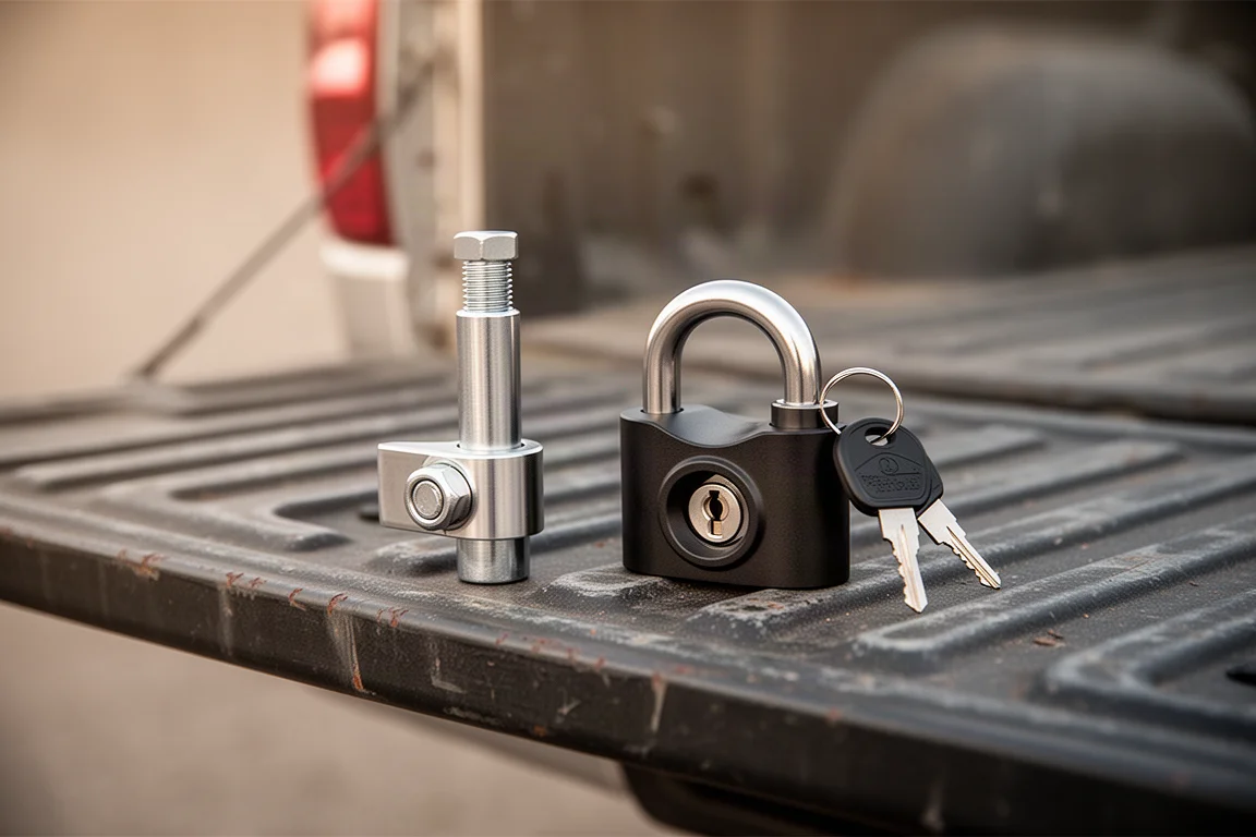 Perno del gancio bloccato e lucchetto del giunto appoggiati sul portellino di un pick-up