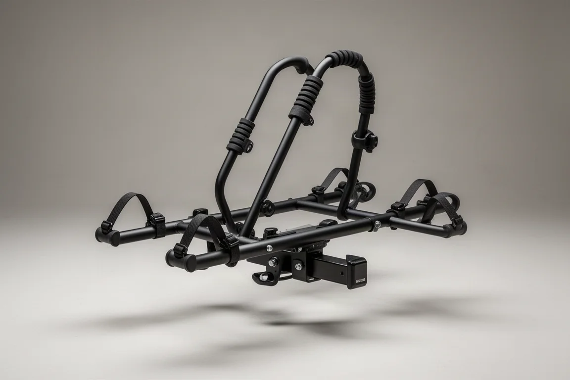 KYX hitch-mounted bike rack photographed on a neutral grey backdrop