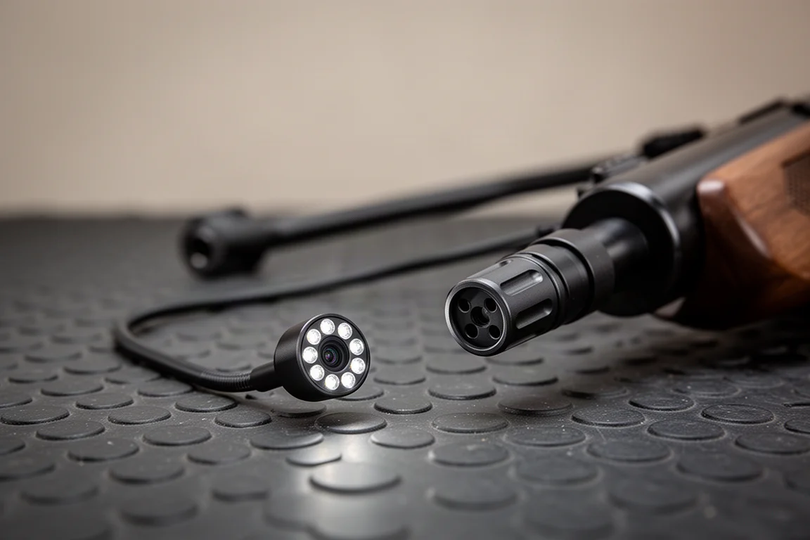 Extrémité de la caméra du boroscope avec LED, posée sur un établi à côté d'une culasse