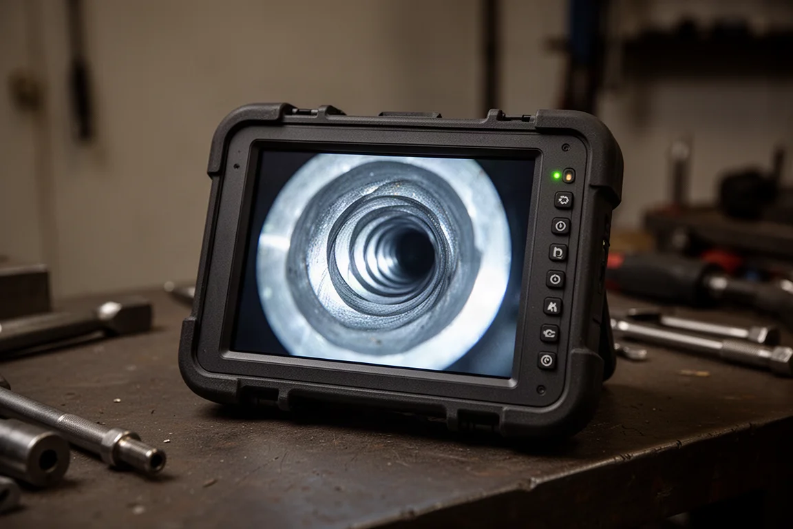 Écran du boroscope montrant une vue rapprochée des rayures à l'intérieur d'un canon