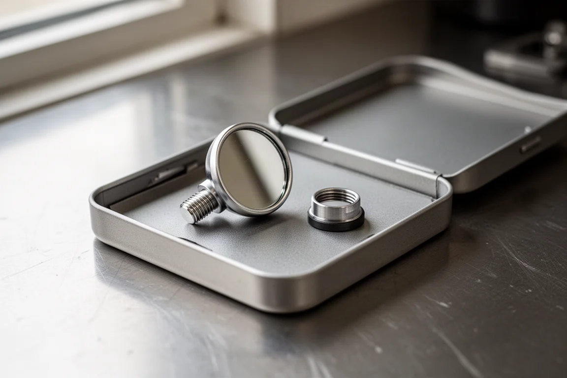 Petit miroir d'inspection latéral et bague de protection rangés dans une pochette plate