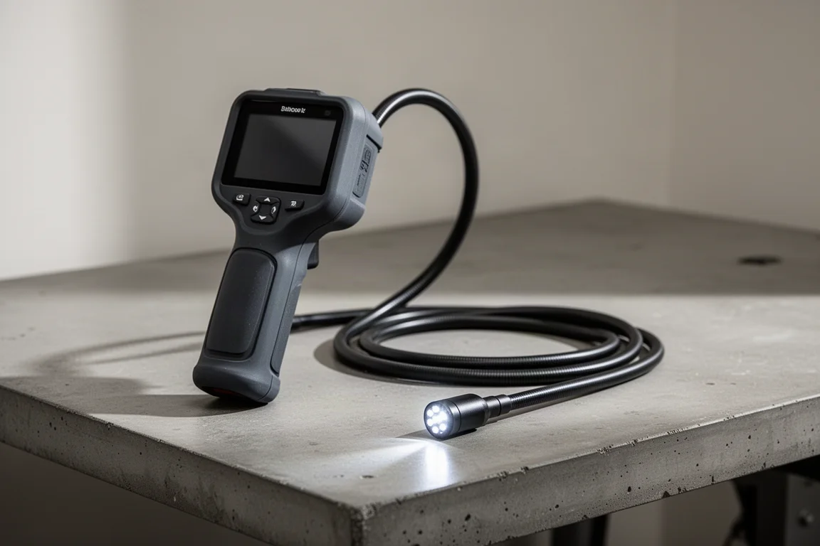 Handheld borescope with display unit and flexible camera cable on a workbench