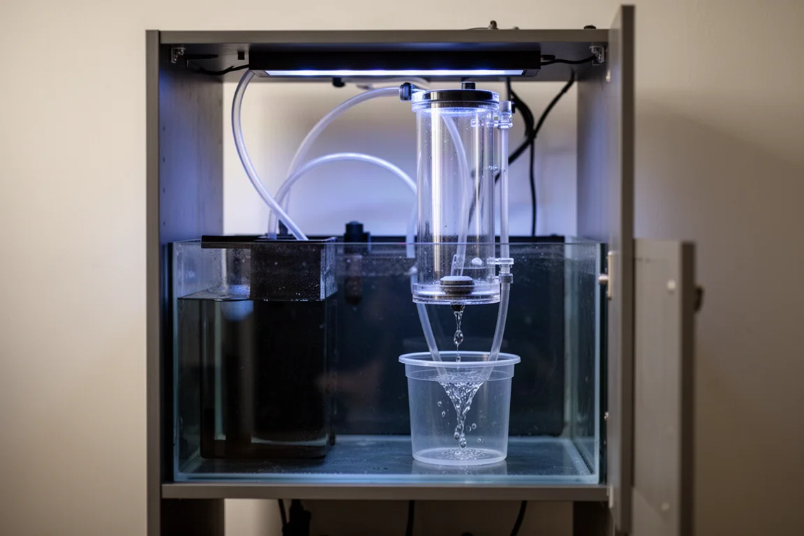 Mobiletto del sump con una camera di reattore in acrilico e una linea di effluente che gocciola