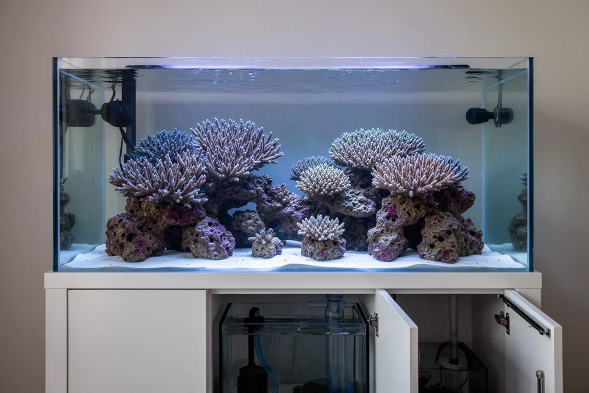 Acquario di barriera con colonie di coralli sotto luce blu accanto a un sump aperto