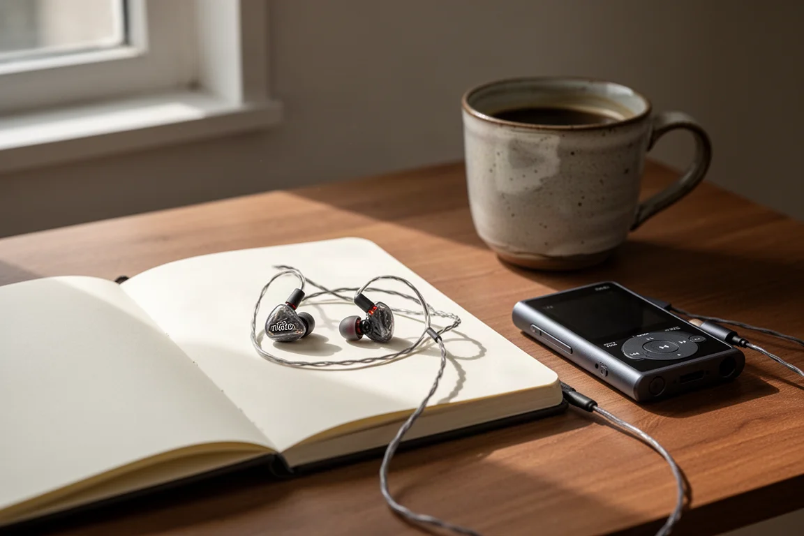 In-ear monitors, portable music player and coffee cup on a wooden desk in morning light