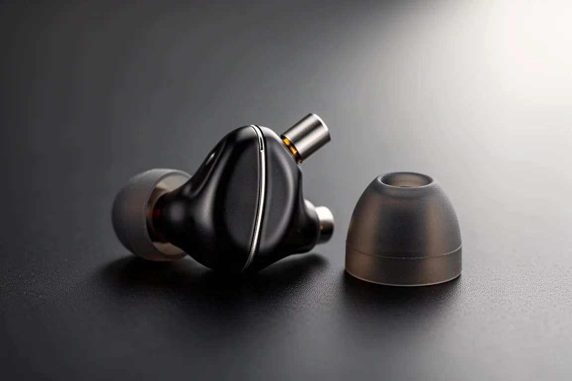 Macro view of an in-ear monitor shell and silicone ear tip on a dark surface