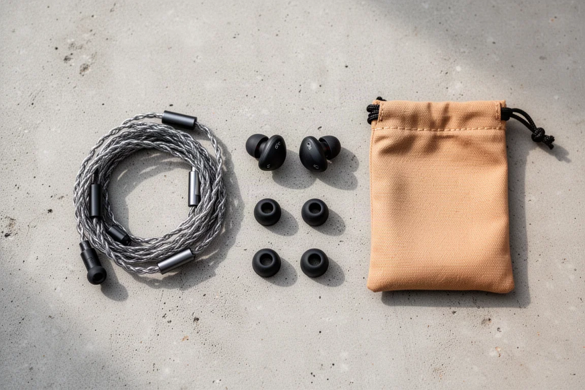 Flat-lay of braided earphone cable, silicone ear tips and a small carry case on concrete