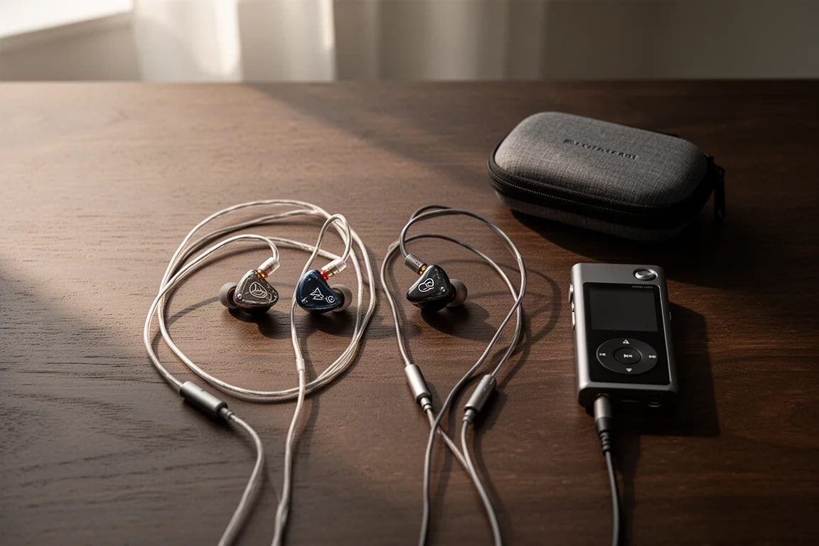 Two pairs of wired in-ear monitors side by side on a dark wooden table