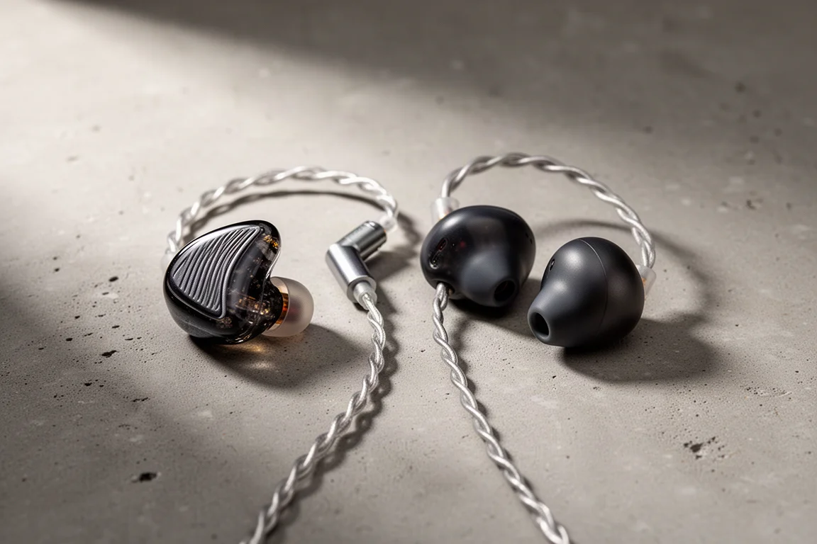 Two pairs of wired in-ear monitors arranged on a matte concrete surface