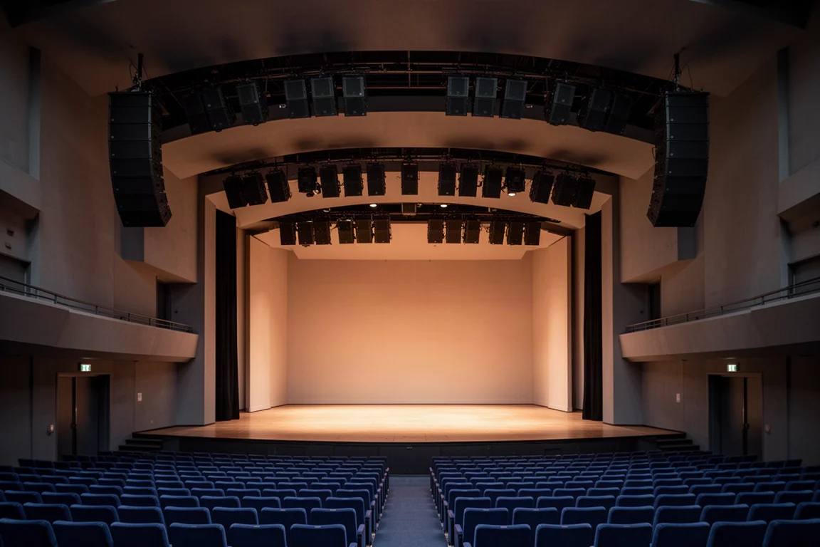 Salle de concert moderne vide avec des line arrays suspendus et un éclairage de scène ambré