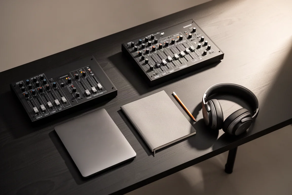 Vue plongeante d'une console de mixage avec surface de contrôle, ordinateur portable fermé et casque