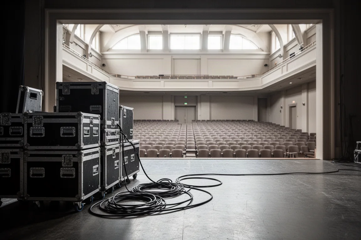 Vue de chargement en coulisse avec flight cases et auditorium vide au-delà