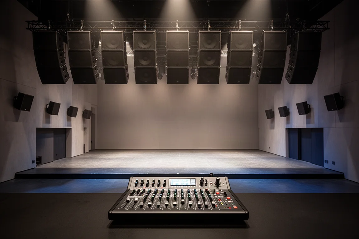 Concert venue with suspended loudspeaker arrays above a stage and a mixing desk in the foreground