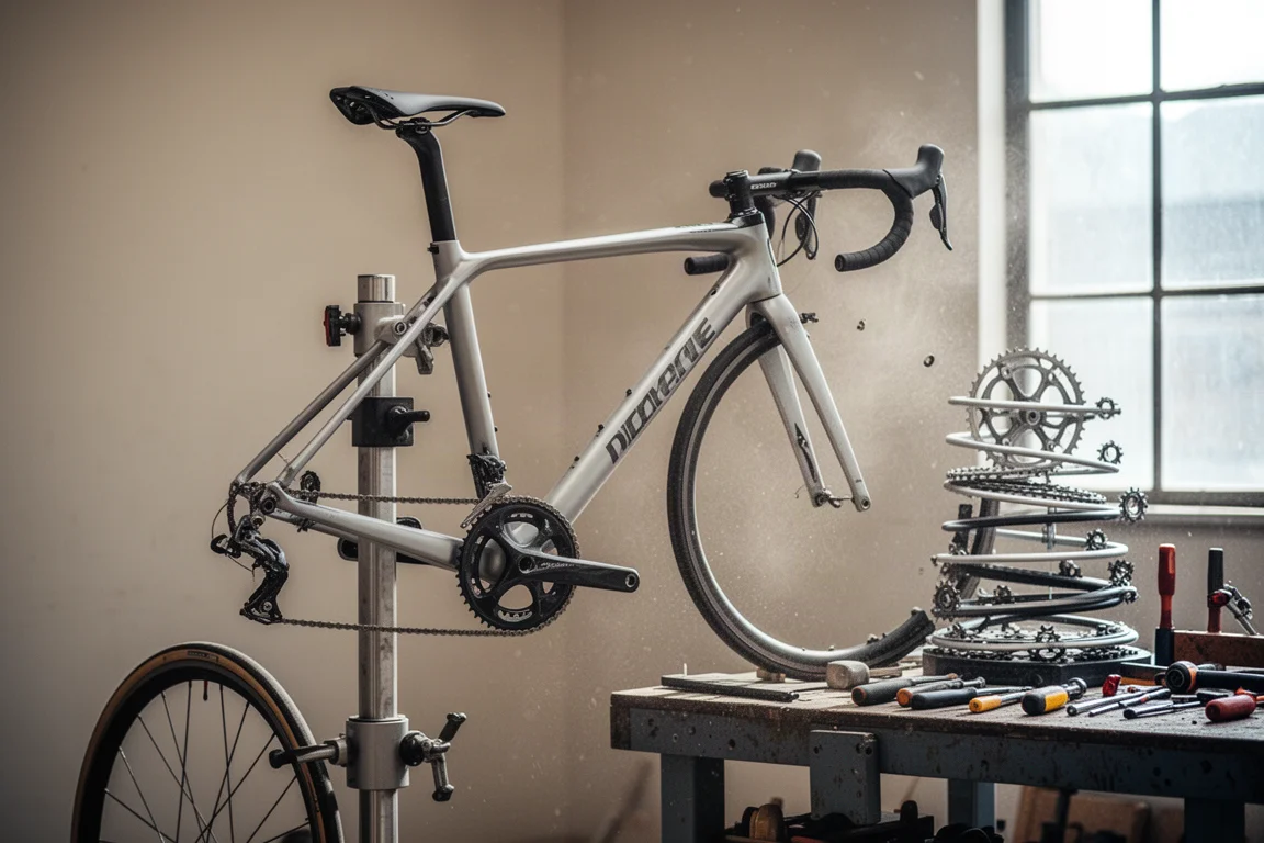Bici da corsa su un cavalletto da officina a metà montaggio, con attrezzi sul banco