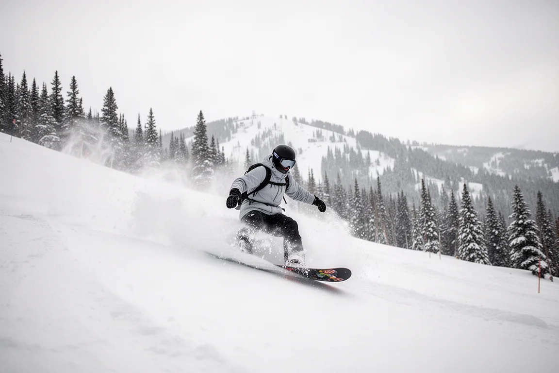 Snowboarder riding powder on a mountain slope in soft daylight