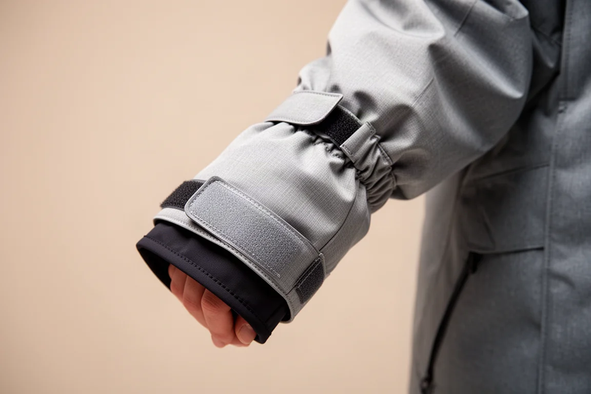 Snowboard jacket sleeve detail showing wrist gaiter and velcro strap