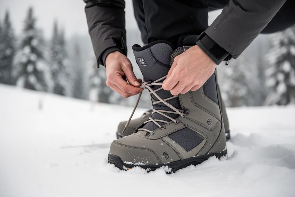 Snowboarder tightening traditional laces on a boot before a run
