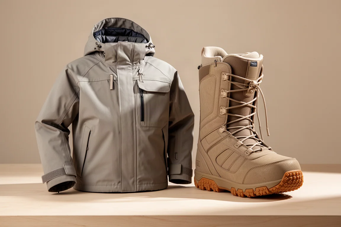 L1 Ventura snowboard jacket and Vans Hi-Standard Pro boot arranged on a wooden surface