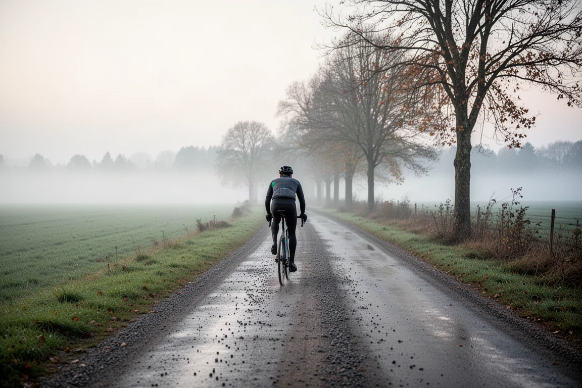 Gravel cyclist riding a misty country lane at dawn, seen from behind