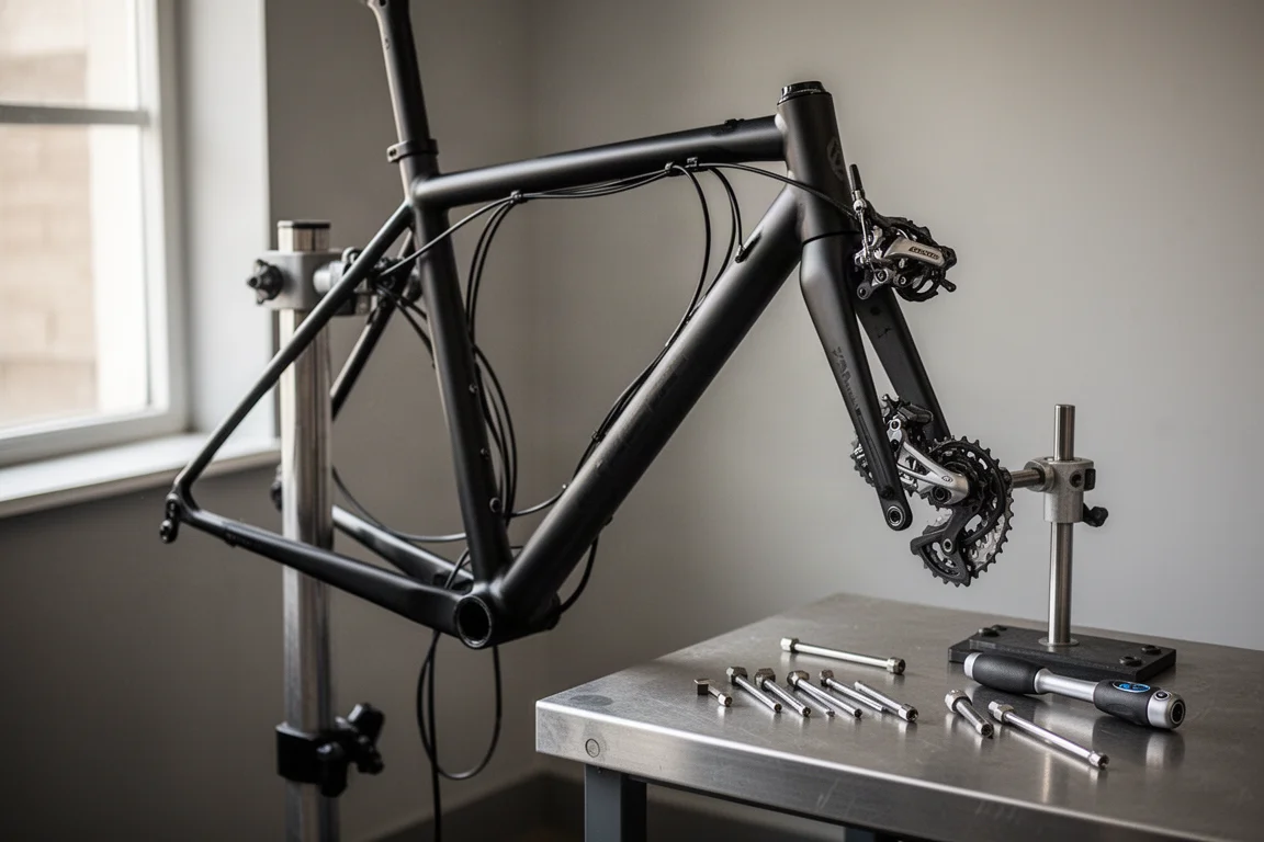 Bicycle frame on a workstand in a tidy workshop with tools on a bench