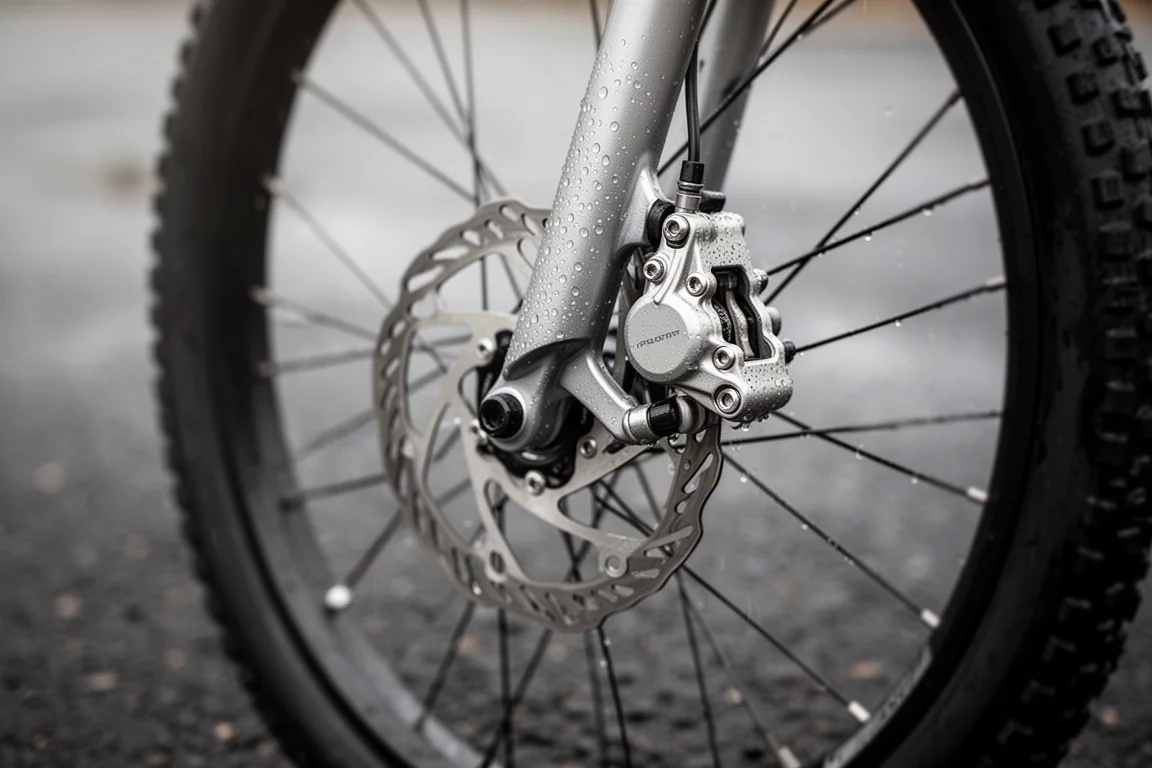 Close-up of a hydraulic disc brake caliper and rotor with water droplets