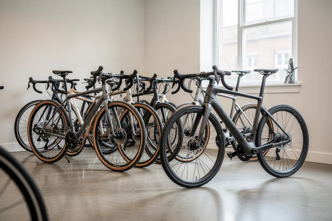 Row of complete bicycles lined up inside a bright bicycle shop