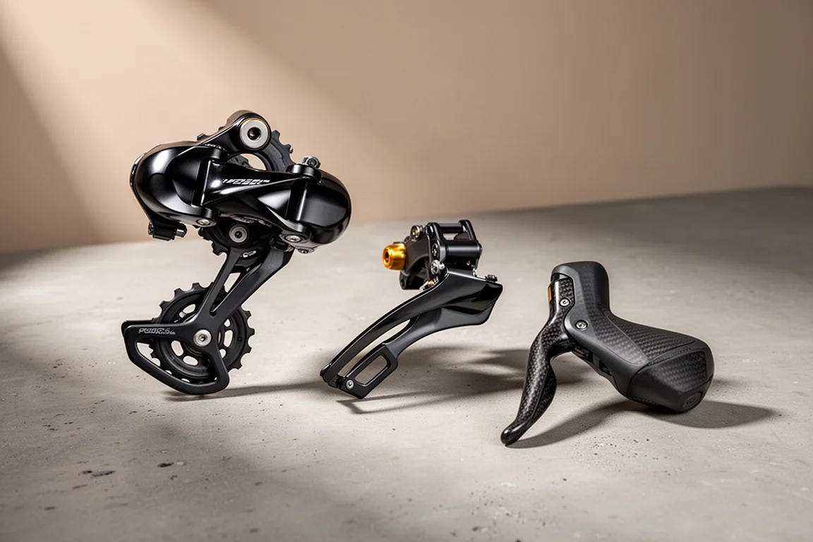 Electronic bicycle groupset components arranged on a matte concrete surface