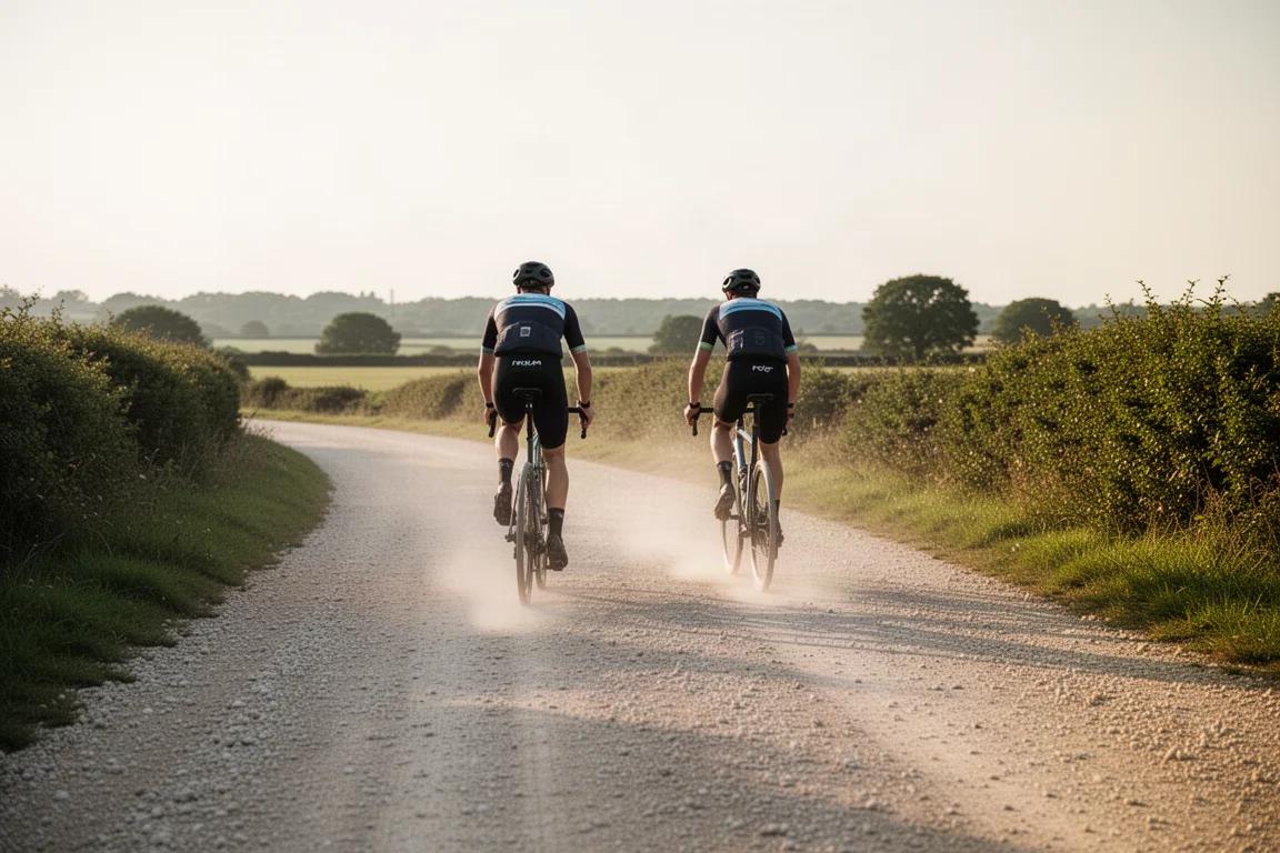 Ciclistas de gravel rodando por una pista de superficie mixta con polvo levantándose tras ellos