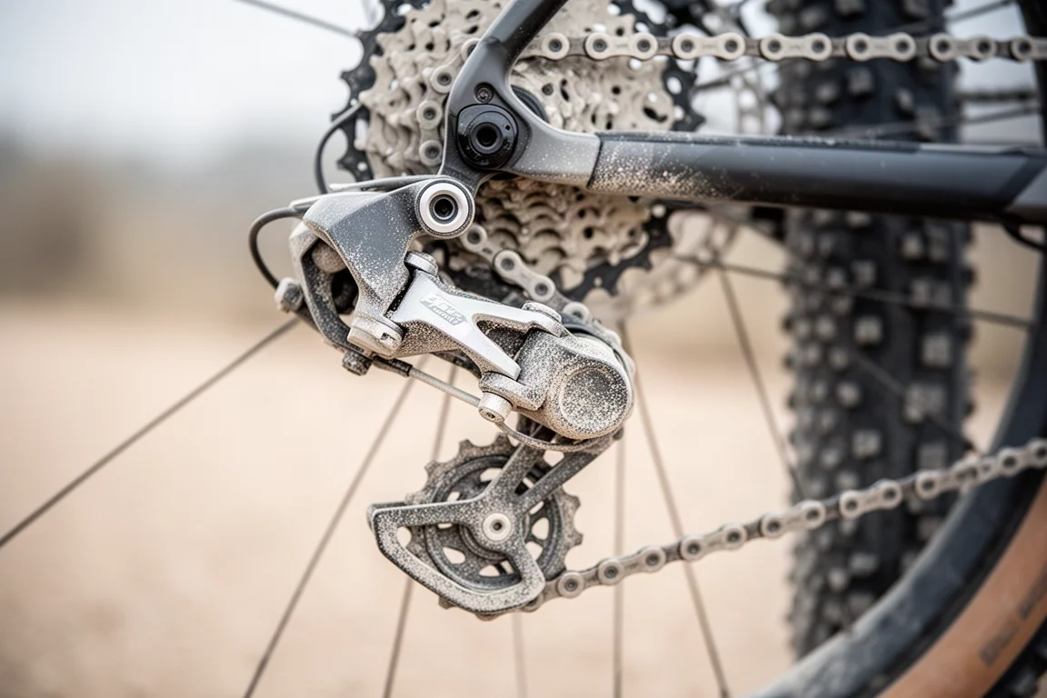 Primer plano de un cambio trasero y una cadena en una bici gravel cubiertos de polvo