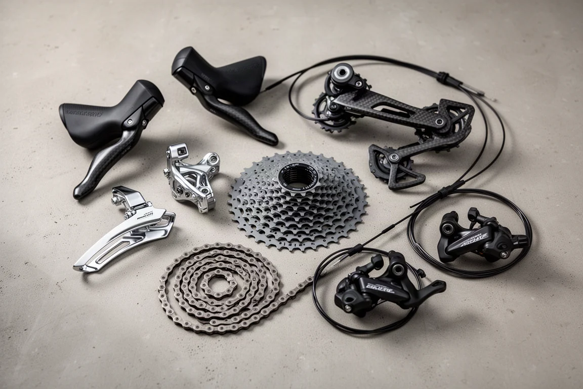 Flach auf einer Betonfläche ausgelegte Komponenten des L2 RX 2x12 Groupsets
