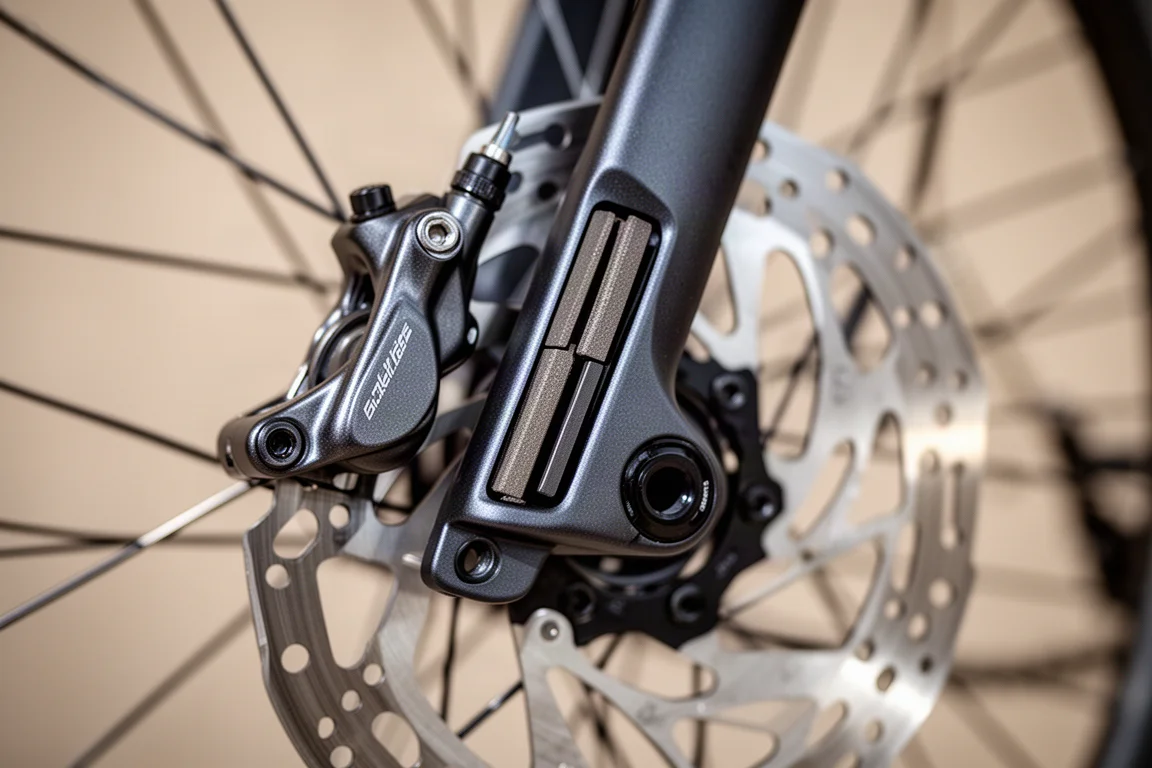 Primer plano de una pinza de freno de disco hidráulica agarrando un rotor de acero en una bicicleta de carretera