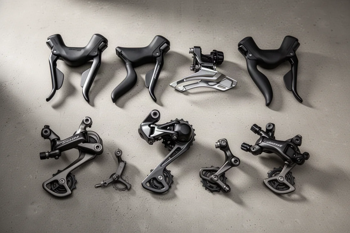 Hydraulic road groupset lever, brake caliper and rear derailleur laid out on concrete