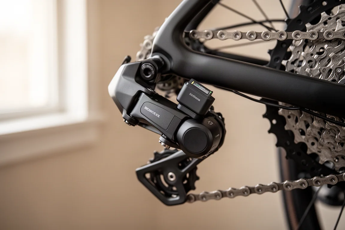 Macro-opname van een draadloze achterderailleur met een klein uitneembaar batterijpod