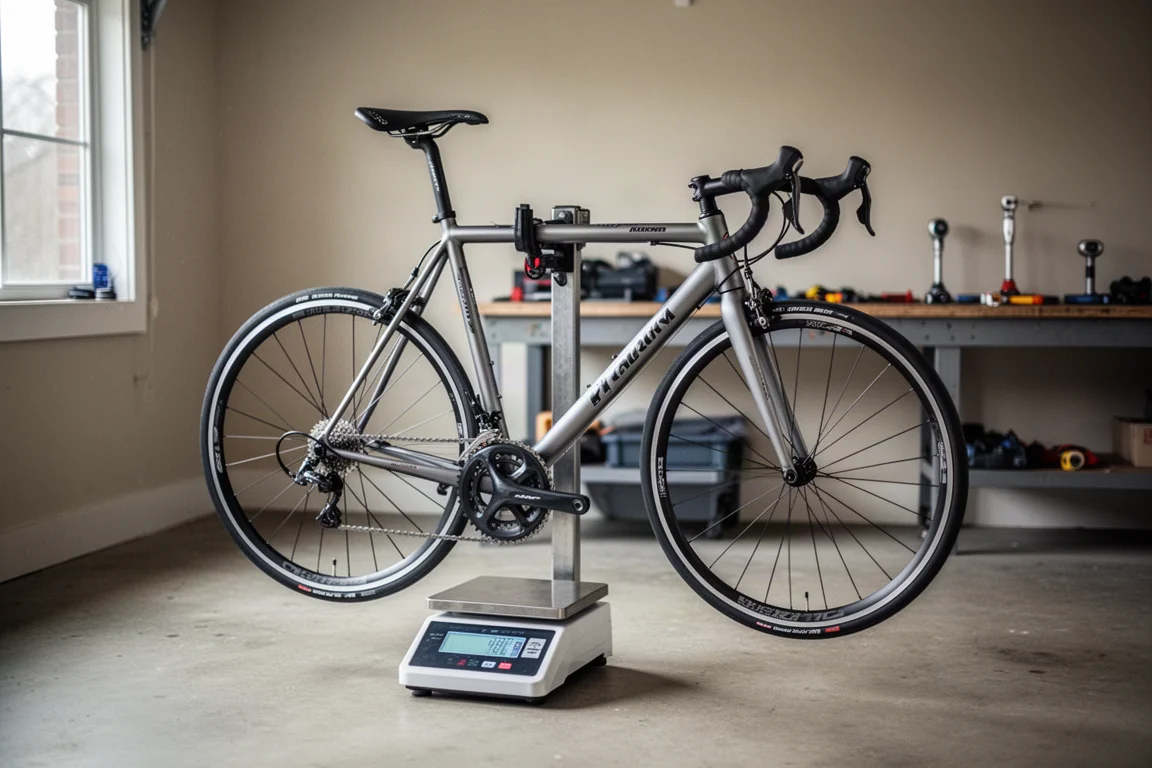 Racefiets hangend aan een werkplaatsweegschaal in een nette garage