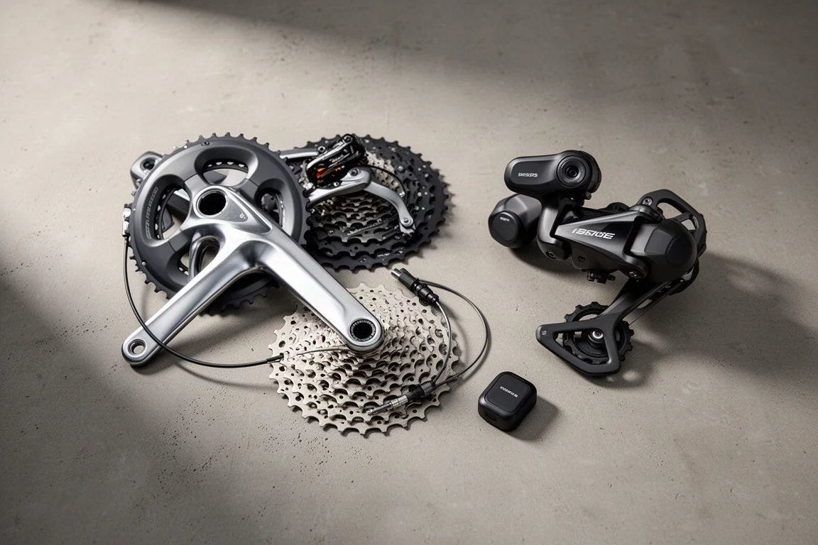 Mechanical and wireless road bike groupsets arranged side by side on a concrete surface