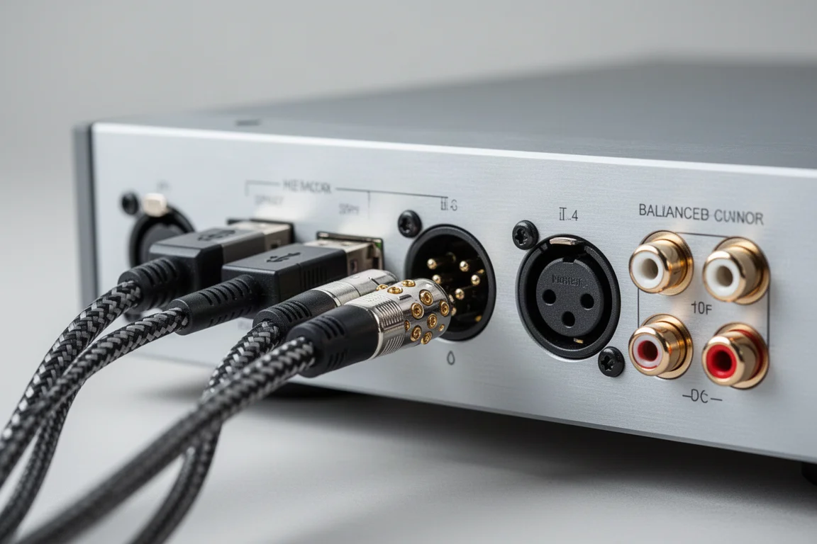 特寫音響轉換器背板上插入的 USB 與數位線材