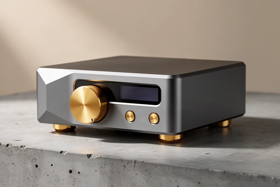 Machined aluminium digital-to-analog converter with gold dial and OLED display on concrete
