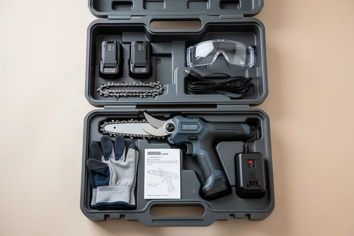 Kit de motosierra mini desplegado en una maleta rígida abierta con baterías y accesorios