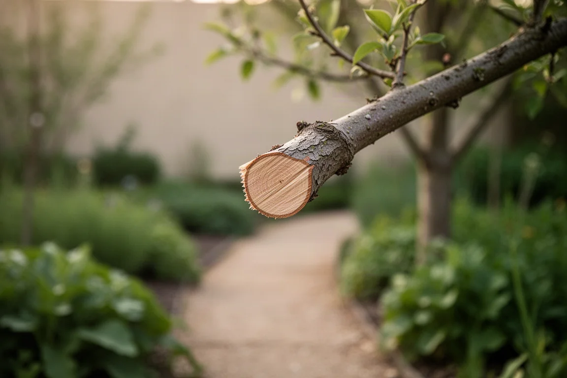 Poda de una rama baja de un árbol en un jardín con una motosierra compacta