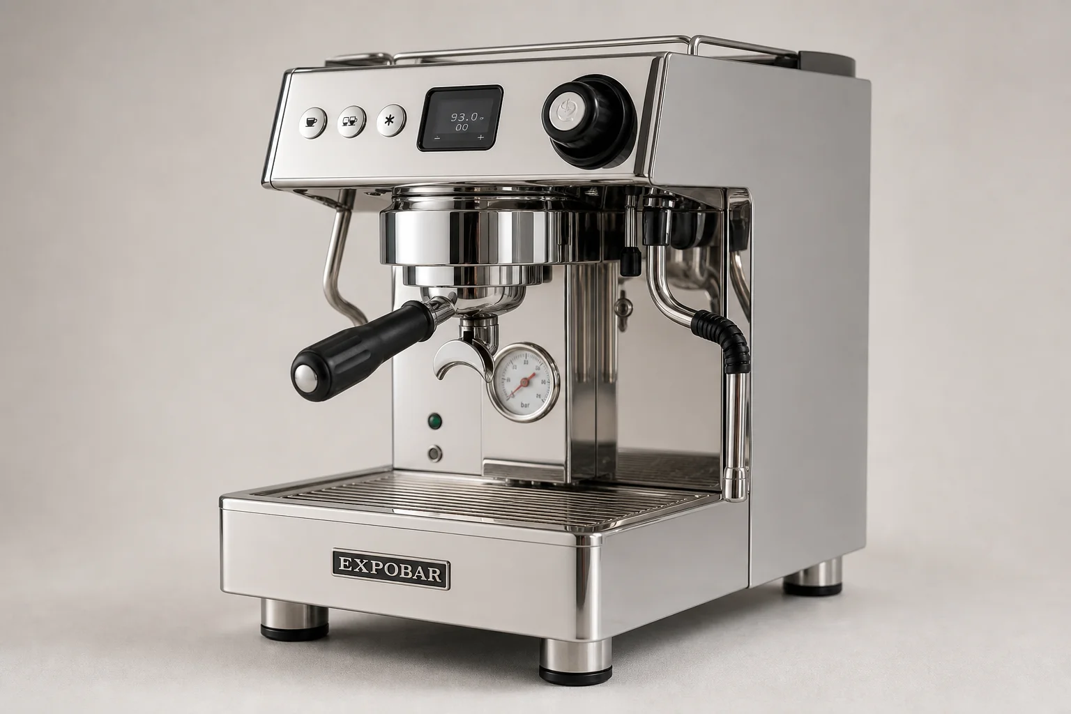 Four espresso machines arranged by size and type on neutral backdrop