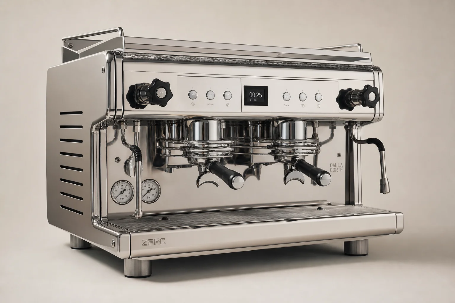 Professional La Marzocco espresso machine next to compact Breville Bambino on neutral background