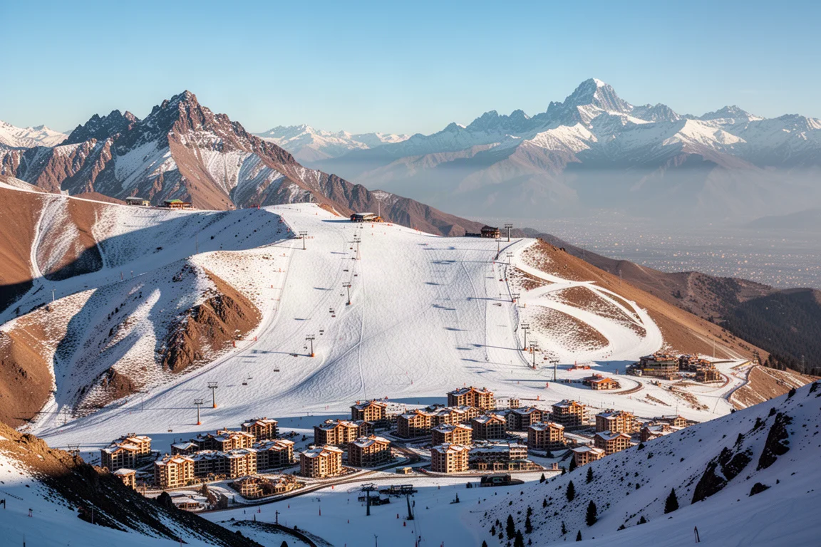 Panoramic view of La Parva ski resort with Andes peaks and village below
